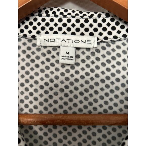 Notations Blouse Black White Geometric Print Button Front Roll Tab Sleeve Medium - Picture 5 of 10